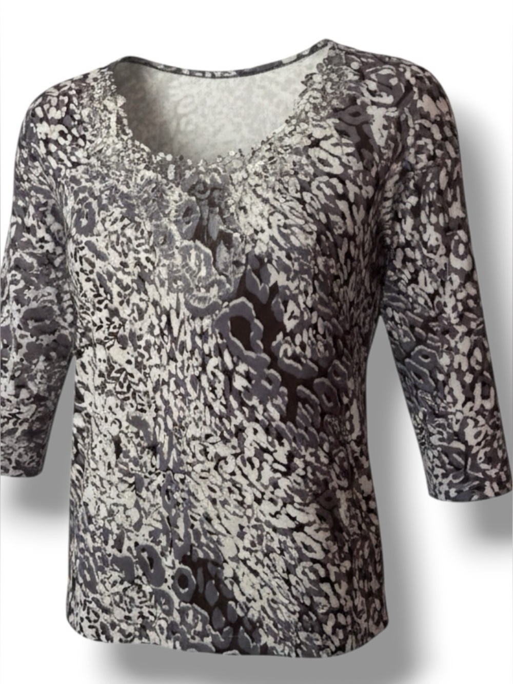 ERIKA SZ M Women's Gray Animal Patterned V‑Neck Top OPEN WORK AT NECK NWT